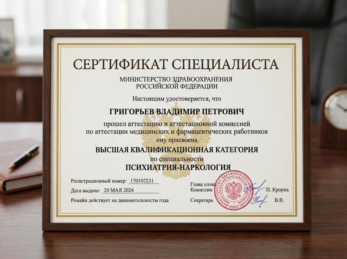 Сертификат специалиста психиатра-нарколога высшей квалификационной категории, Министерство здравоохранения РФ, гербовая печать