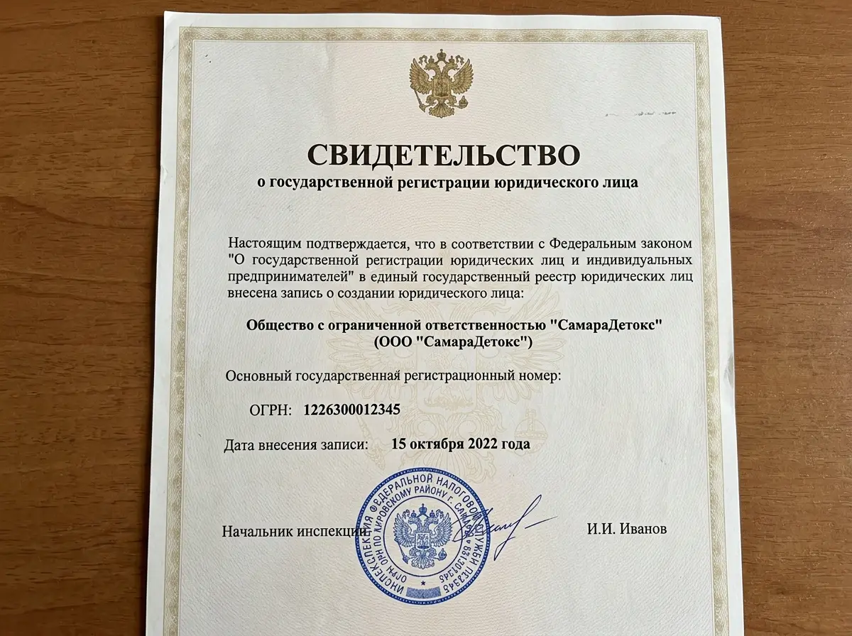 Свидетельство о государственной регистрации юридического лица ООО СамараДетокс, ОГРН, синяя печать налоговой инспекции, Самара